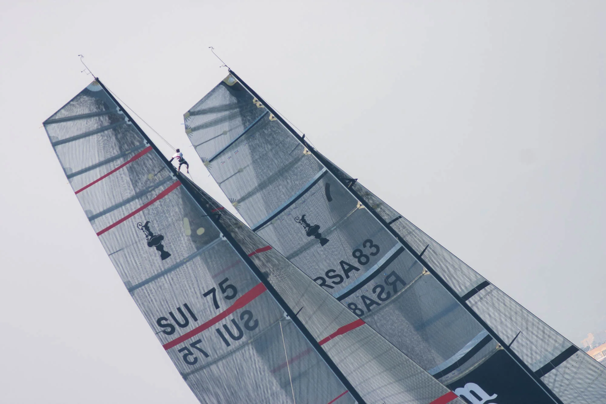 Le vele di due barche dell'America's Cup, SUI 75 e RSA 83, affiancate e inclinate